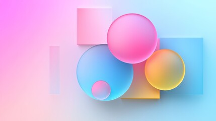 A futuristic abstract design with neon circles and squares in gradients of pink, blue, and yellow, layered to create depth and contrast.