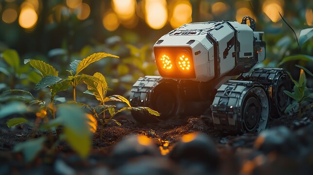 At dawn, a precise agritech robot tends to a growing plant, demonstrating the harmonious integration of technology with nature.