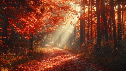 Serene Autumn Forest Pathway with Sunlight Beams