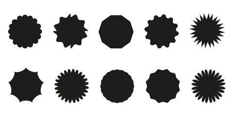 Set of black blank round stickers on isolated background. Star-shaped price tags. Wavy edge badges. Label silhouettes.