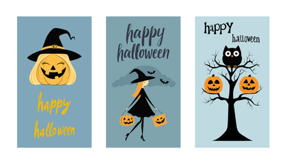 Halloween Posters or Flyers set. Flat style. Vector set for postcard, flyer, banners.