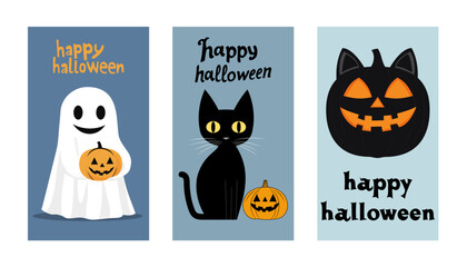 Halloween Posters or Flyers set. Flat style. Vector set for postcard, flyer, banners.
