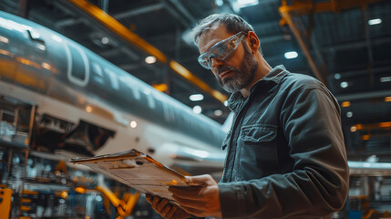 Fototapeta premium An engineer of middle age performs quality control checks at a production facility