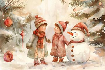 Watercolor cute children play with snowman, Christmas mood, AI Generated