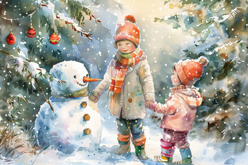 Watercolor cute children play with snowman, Christmas mood, AI Generated