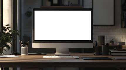 Modern office desk with computer, blank screen, creative workspace, minimalistic design, professional setup, cozy atmosphere.