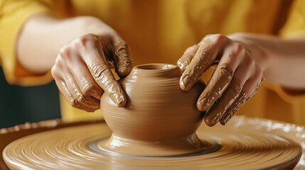 Hands shaping clay on pottery wheel in studio