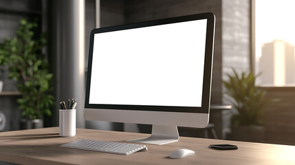 Fototapeta premium Modern office workspace with a blank desktop computer monitor, cup of pens, and minimalistic design in a bright room.