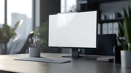 Modern office workspace with a computer monitor on a desk, surrounded by stationery and plants, creating a professional environment.