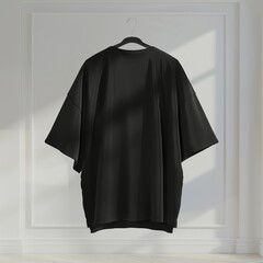 Black oversized t-shirt floating in the air. there is a white wall in the background
