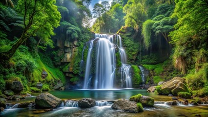 Naklejka premium A stunning waterfall flowing down rocky cliffs in a lush green forest setting, waterfall, cascading, nature, scenery, landscape
