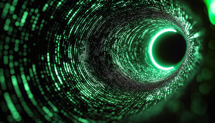 A high-tech digital environment with green glowing lines forming a tunnel, creating an immersive sense of moving through cyberspace.