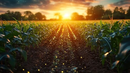 Holographic data overlays a corn field, illustrating the integration of modern agricultural technologies on the farm.