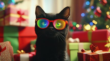 Cute black cat in rainbow-colored glasses with a hot, flustered expression, surrounded by Christmas gift boxes and holiday decor in a 3D-style room.
