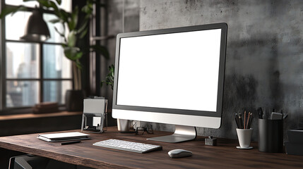 Fototapeta premium Modern workspace with a computer, keyboard, and office supplies on a wooden desk in a stylish industrial office setting.