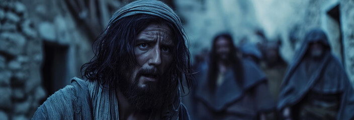 Cinematic photographs of Jesus, son of God, being tortured by cruel ancient Roman soldiers