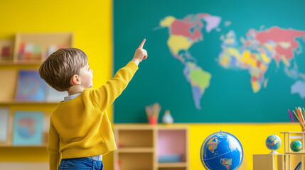 Colorful classroom sticker depicting teacher assisting a student pointing at world map in vibrant educational space