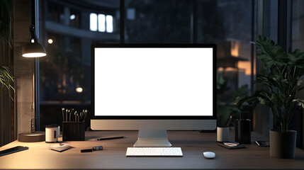 Modern workspace with a computer monitor on a desk, illuminated by a desk lamp. Office setting with plants and organized accessories.