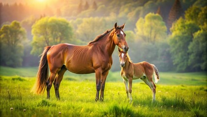 Obraz premium A beautiful image of a horse standing protectively over its adorable foal in a lush green field, horses, foal, mare, equine, baby