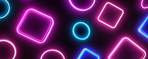 A minimalist neon geometric design with concentric circles and bold, outlined squares in vibrant pinks and blues, giving off a retro-futuristic vibe.