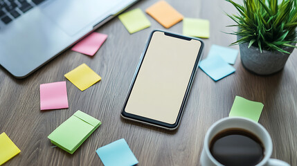 Modern workspace with smartphone, laptop, sticky notes, and coffee cup on wooden desk. Concept for productivity and organization.
