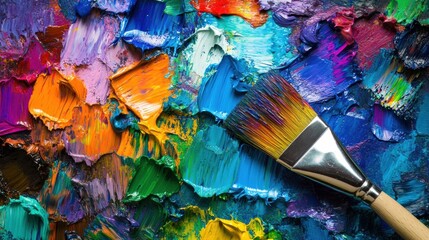 Fototapeta premium A colorful palette displays vivid paint splashes while paintbrushes lie on a canvas showcasing dynamic abstract brushstrokes. Generative AI