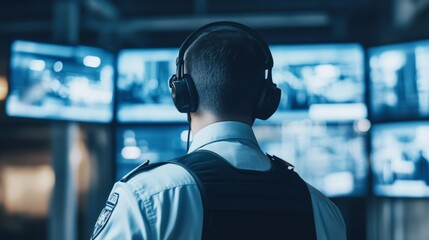 An armed security professional watches multiple screens in a dimly lit surveillance room.