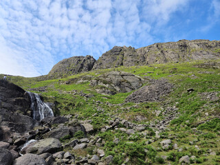 Rocks, hills and waterfall in Ireland, natural landscape background