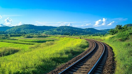 A scenic view of a railway track winding through lush green fields under a clear blue sky, highlighting the beauty of nature and the journey ahead.