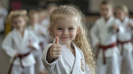 Confident young girl in a karate class gives a thumbs up, wearing a white gi and brown belt, surrounded by peers.
