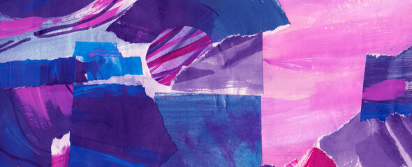 Blue purple abstract collage, torn paper pieces glued, horizontal banner background