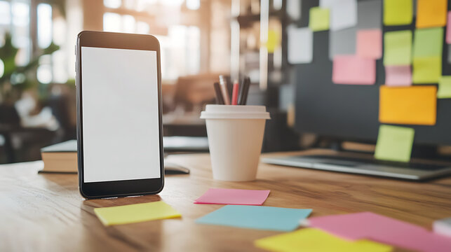 Smartphone with a blank screen on a desk, next to a coffee cup and colorful sticky notes in a modern workspace.