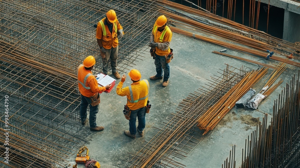 Wall mural group of construction workers discussing plans at a building site