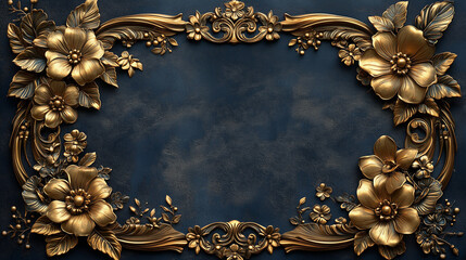 A decorative gold floral frame on a dark blue textured background, perfect for displaying art or messages.