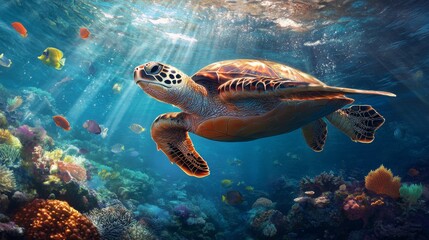 Fototapeta premium A sea turtle swimming gracefully through clear blue ocean waters, surrounded by colorful coral and small fish, sunlight filtering through the water surface.