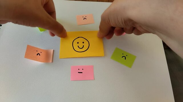 Una nota adhesiva de color amarilla  con una expresi&oacute;n de alegr&iacute;a colocada en una hoja blanca con varias expresiones de tristeza 