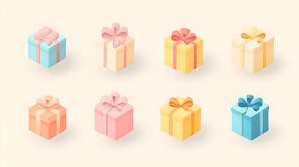 Obraz premium Simple pastel gift box set of icons with rounded edges and a soft ribbon isolated on a light background