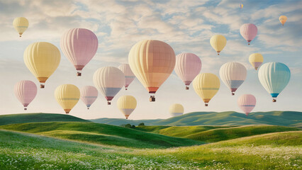 Pastel hot air balloons drifting over rolling green hills under a sky painted with soft morning light.