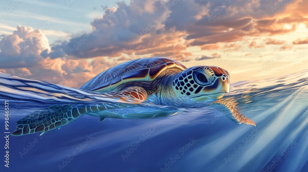 Poster a sea turtle swimming near the ocean surface, its head slightly above water as it takes a breath, wi