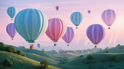 Obraz premium Pastel hot air balloons drifting over rolling green hills under a sky painted with soft morning light.
