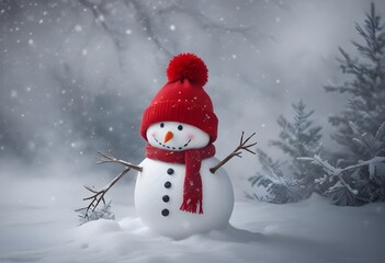 Fototapeta premium Adorable Snowman with Red Hat and Scarf in Winter Snowy Landscape - Cute Snowman Photos