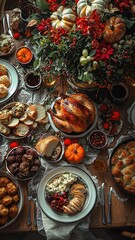 A festive dining table filled with delicious holiday dishes, showcasing turkey, sides, and seasonal decorations, perfect for celebrations. warmth cozy