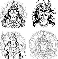 Hindu God Shiva Vector Black And White Coloring Page