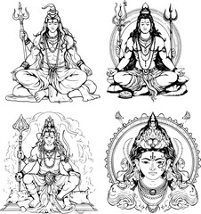 Hindu God Shiva Vector Black And White Coloring Page