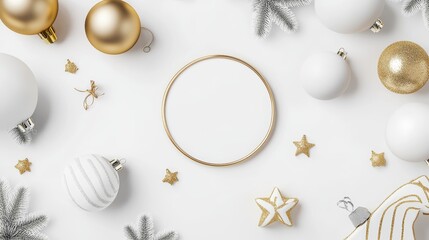 Fototapeta premium A collection of Christmas stickers with 3D renders of assorted round labels in festive white and gold colors.