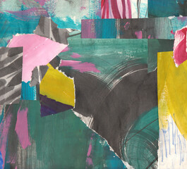 Torn paper collage background, gren and pink color ripped pieces glued, hand painted cutouts