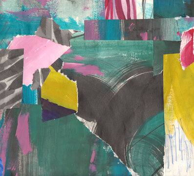 Torn paper collage background, gren and pink color ripped pieces glued, hand painted cutouts