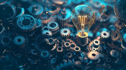 Symbolizing innovation and ideation in business development, a lightbulb is surrounded by gears.