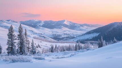 Fototapeta premium A serene winter landscape at sunset, showcasing snow-covered hills and towering trees under a colorful sky. warmth cozy