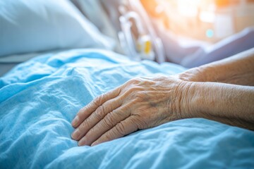 In a hospital bed or nursing hospice, geriatrician palliative home, caregiver holding elderly patient's hand while they receive medical health care